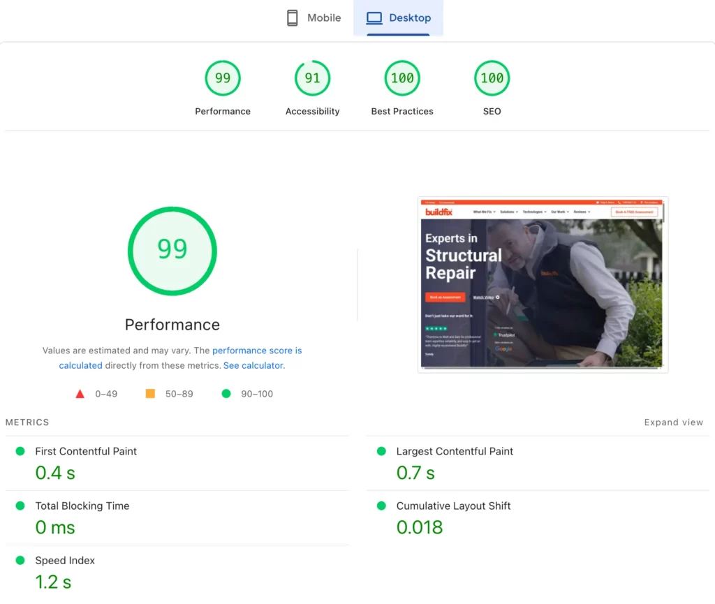 Lighthouse audit report for a website’s desktop version: Performance 99, Accessibility 91, Best Practices 100, SEO 100—featuring detailed performance metrics and a website preview. Ideal insights for WooCommerce Developer Sydney or AI Optimisation experts.
